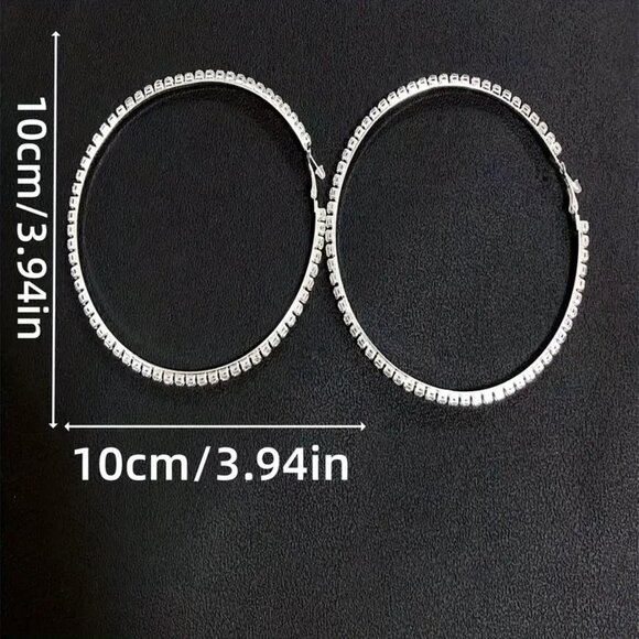 Exaggerated Full Rhinestone Decor Hoop Earrings, Large Size Circle Hoop Earrings - Picture 3 of 3